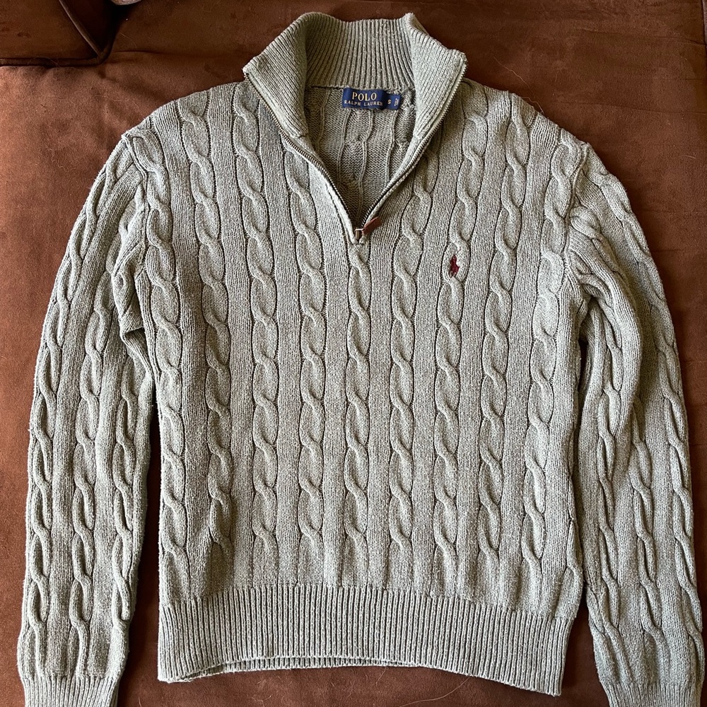 POLO RALPH LAUREN ~ Perfect Condition ~ Sage Green Sweater w/ Leather Zipper